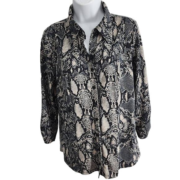 Dressbarn Size L Black & Tan Multi Print Polyester Blouse-VTG Look - Picture 1 of 7